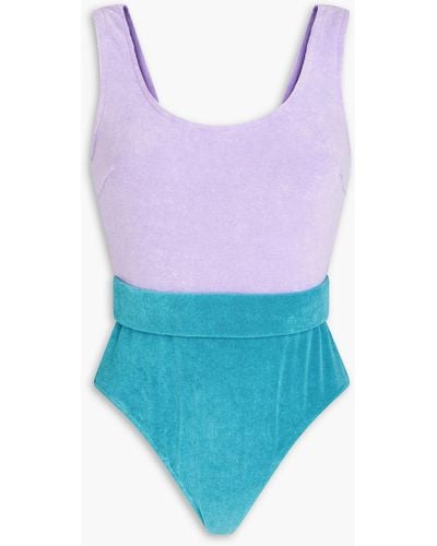 Zimmermann Jude Belted Two-tone Cotton-blend Terry Swimsuit - Blue
