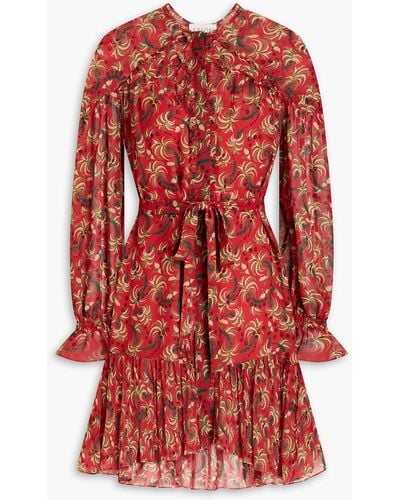 Saloni Pixie Ruffled Printed Silk Crepe De Chine Mini Dress - Red