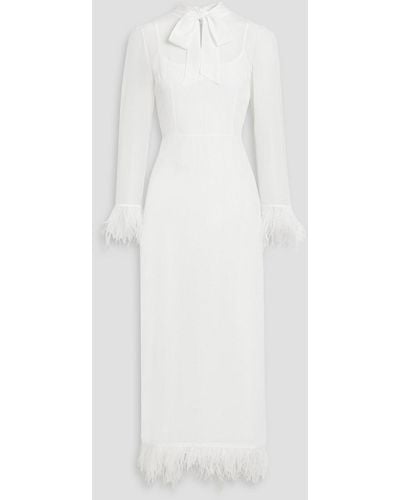HVN Elissa Feather-trimmed Silk Crepe De Chine Midi Dress - White