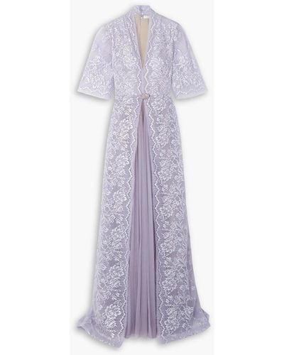 Reem Acra Crystal-embellished Metallic Lace And Tulle Gown - Purple