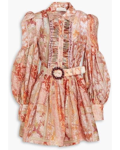 Zimmermann Belted Floral-print Linen And Silk-blend Mini Shirt Dress - Pink