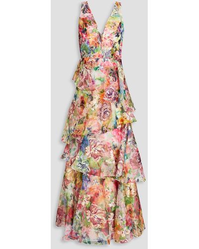 Marchesa Gestufte robe aus organza mit floralem print und stickereien - Weiß