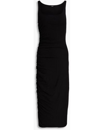 Monrow Ruched Ribbed Stretch-supima Cotton Midi Dress - Black