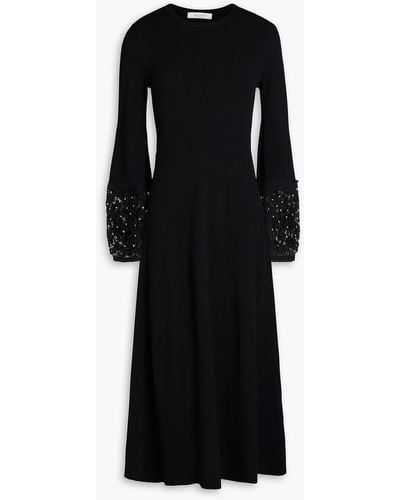 Valentino Garavani Embellished Lace-trimmed Knitted Midi Dress - Black