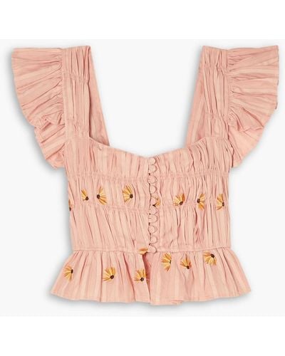Lug Von Siga Sophie Ruffled Shirred Embroidered Cotton-voile Top - Pink