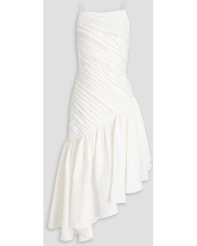 Rasario Asymmetric Pleated Linen-blend Midi Dress - White