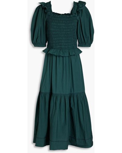 Sea Sibylle Ruffled Shirred Cotton Midi Dress - Green