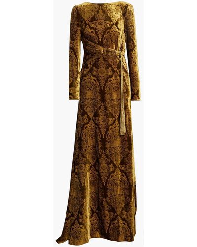 Dundas Tasseled Metallic Printed Velvet Gown - Yellow