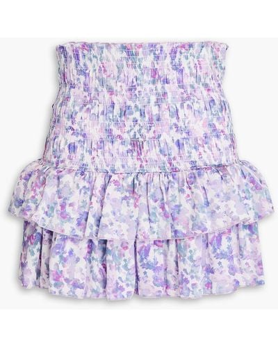 Maje Ruffled Shirred Floral-print Satin Mini Skirt - Purple