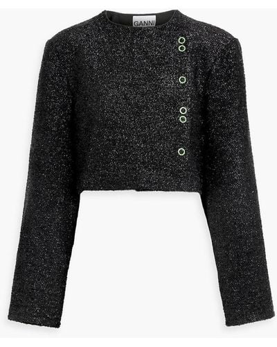 Ganni Cropped Metallic Bouclé-tweed Jacket - Black