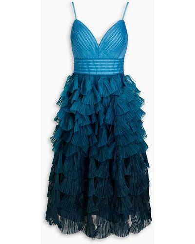 Marchesa Tulle-paneled Pleated Organza Midi Dress - Blue