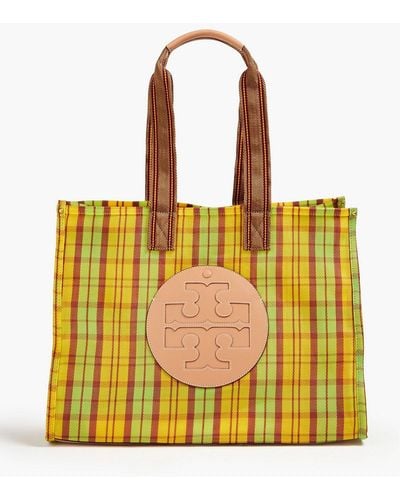Tory Burch Ella Faux Leather-trimmed Checked Woven Tote - Yellow