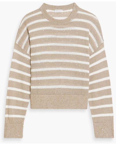 Brunello Cucinelli Sequin-embellished Striped Linen And Silk-blend Sweater - Natural