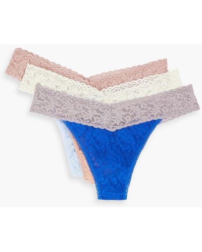 Hanky Panky Signature Set Of Three Stretch-lace Low-rise Thongs - Blue
