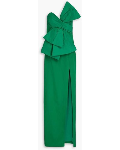 Marchesa Strapless Taffeta-paneled Bow-detailed Crepe Maxi Dress - Green