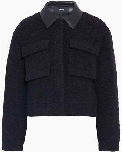 Theory Cropped Leather-trimmed Wool-blend Bouclé Jacket - Black