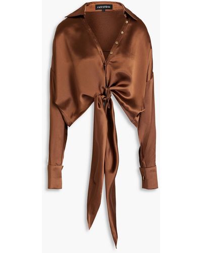 retroféte Cropped Tie-detailed Satin Shirts - Brown