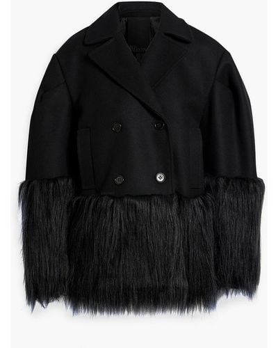 RED Valentino Double-breasted Faux Fur-trimmed Wool-blend Coat - Black