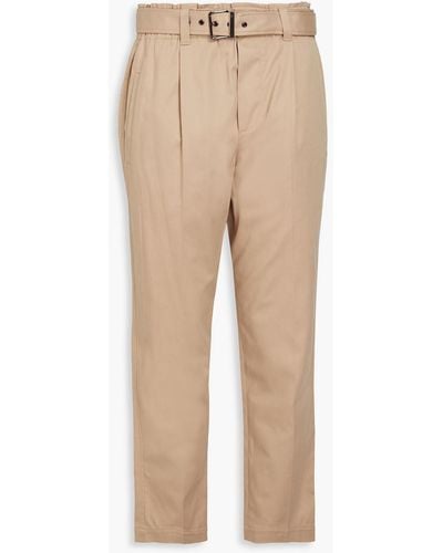Brunello Cucinelli Cropped Belted Embellished Cotton-blend Twill Tapered Pants - Natural
