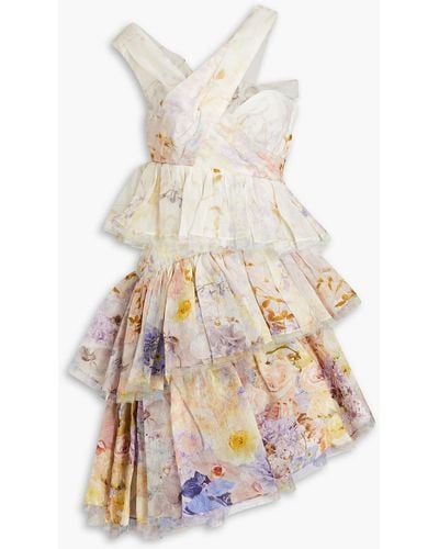 Zimmermann Gestuftes minikleid aus gaze aus einer seiden-leinenmischung mit floralem print - Weiß