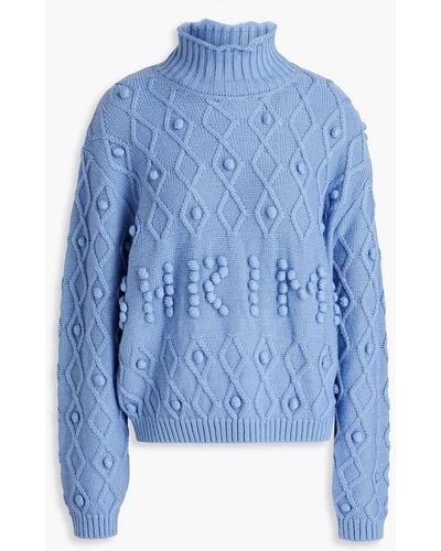 Shrimps Cornelia Pompom-embellished Cable-knit Merino Wool-blend Turtleneck Sweater - Blue