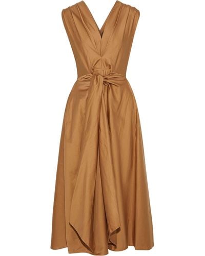 TOME Tie-front Pleated Cotton-poplin Midi Dress Camel - Natural