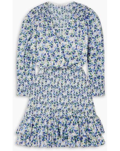 Veronica Beard Darrah Shirred Floral-print Cotton-voile Mini Dress - Blue