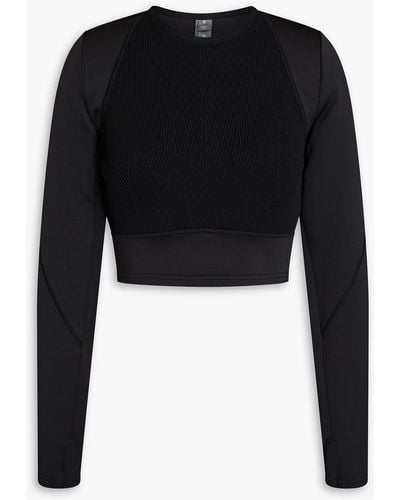 adidas By Stella McCartney Cropped Logo-print Ribbed-knit Panelled Tech-jersey Top - Black