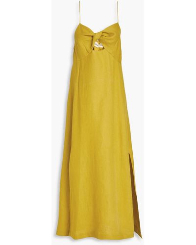 Casa Raki Lara Cutout Twisted Linen Midi Dress - Yellow
