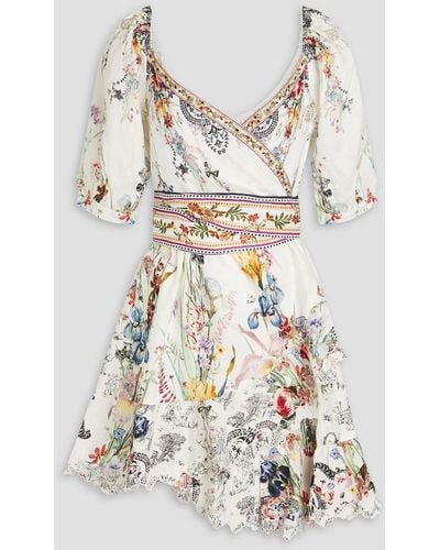 Camilla Mini-wickelkleid aus leinen mit floralem print und verzierung - Weiß