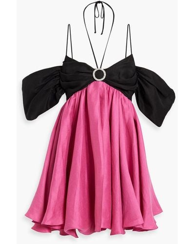Rasario Cold-shoulder Embellished Two-tone Linen-blend Mini Dress - Pink