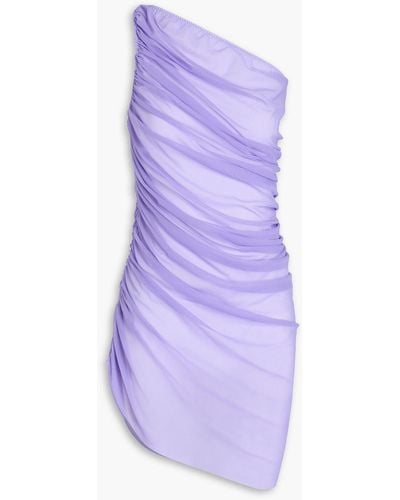 Norma Kamali Diana One-shoulder Ruched Stretch-mesh Mini Dress - Purple