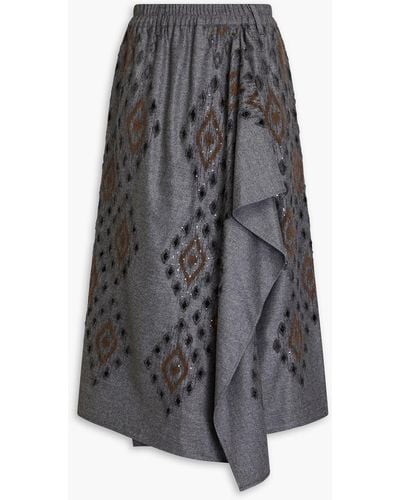 Brunello Cucinelli Wrap-effect Embellished Draped Wool Midi Skirt - Grey