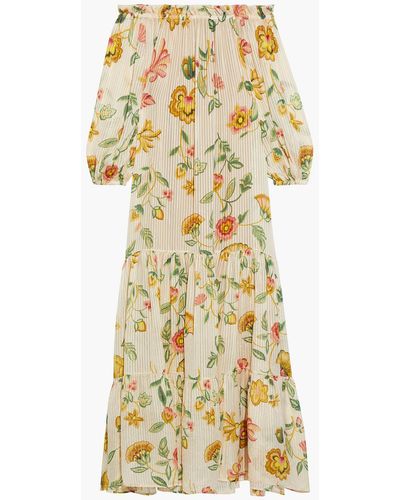 Anjuna Lavinia Off-the-shoulder Floral-print Burnout Metallic Silk-blend Maxi Dress - Natural