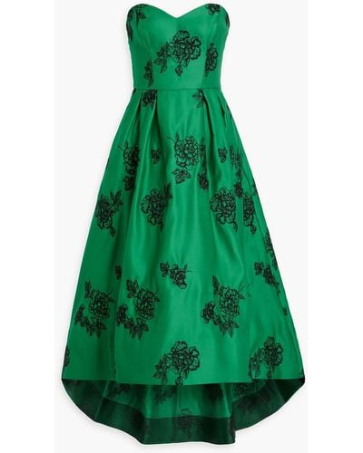 Marchesa Strapless Embroidered Duchesse-satin Maxi Dress - Green
