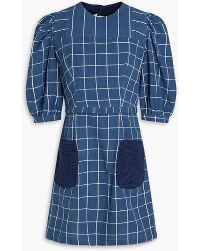 SINDISO KHUMALO Crochet-trimmed Checked Cotton Mini Dress - Blue