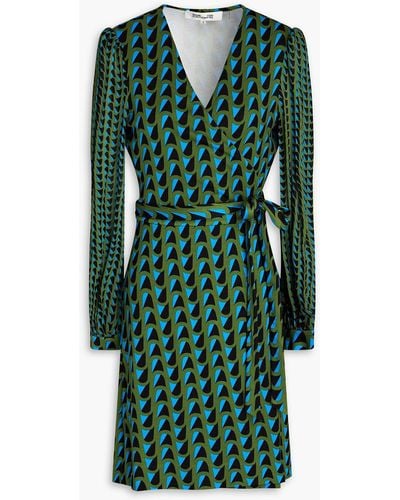 Diane von Furstenberg Gala Printed Crepe-paneled Jersey Mini Wrap Dress - Green