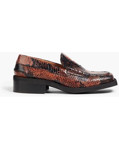Ganni Snake-effect Leather Loafers - Brown