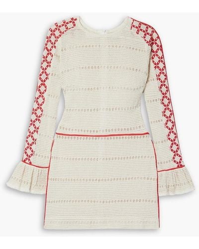 Rue Mariscal Frayed Embroide Crocheted Cotton Mini Dress - White