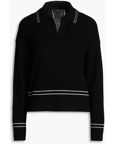 Rag & Bone Monti Striped Ribbed Merino Wool Polo Sweater - Black