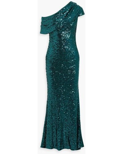 Badgley Mischka One-shoulder Draped Sequined Tulle Gown - Green