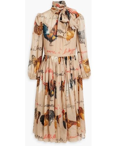 Dolce & Gabbana Pussy-bow Printed Silk-chiffon Midi Dress - Natural