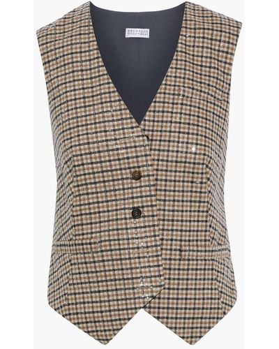 Brunello Cucinelli Sequined Checked Wool-blend And Satin Vest - Grey