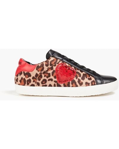 Love Moschino Sequin-embellished Leopard-print Velvet And Leather Trainers - Red
