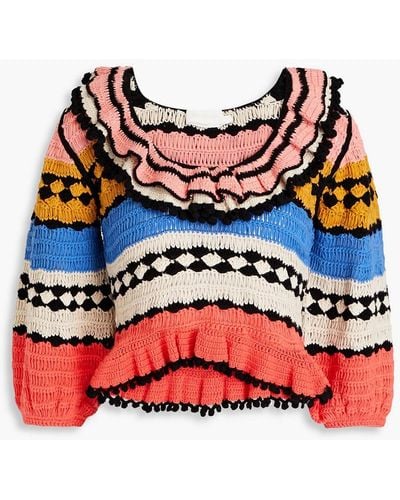Zimmermann Ruffled Crocheted Cotton Sweater - Red