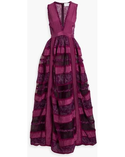 Zuhair Murad Pintucked Crepe De Chine-paneled Corded Lace Gown - Purple