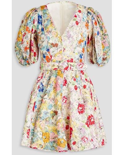 Zimmermann Belted Floral-print Linen Mini Dress - White