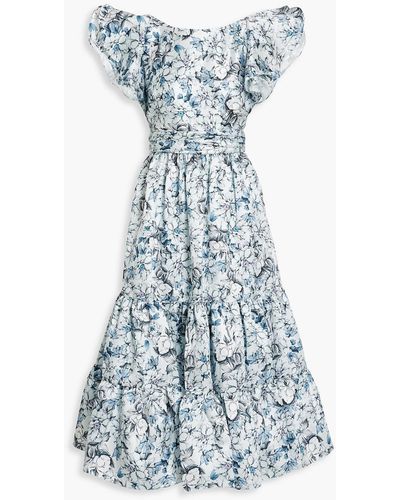 Badgley Mischka Ruffled Floral-print Satin-twill Midi Dress - Blue