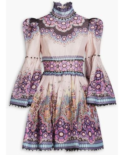 Zimmermann Printed Linen And Silk-blend Mini Dress - Purple