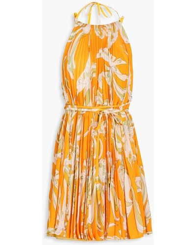 Emilio Pucci Pleated Printed Georgette Halterneck Mini Dress - Orange
